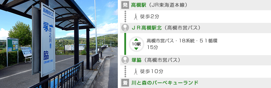 JR高槻駅より「高槻北行き」に乗車し、最寄りのバス停「塚脇」下車徒歩10分